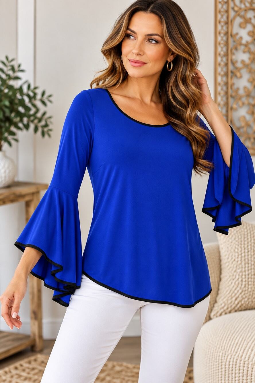 Frank Lyman Women’s Size 6 Blue Bell Sleeve Blouse Black Trim Stretch Top